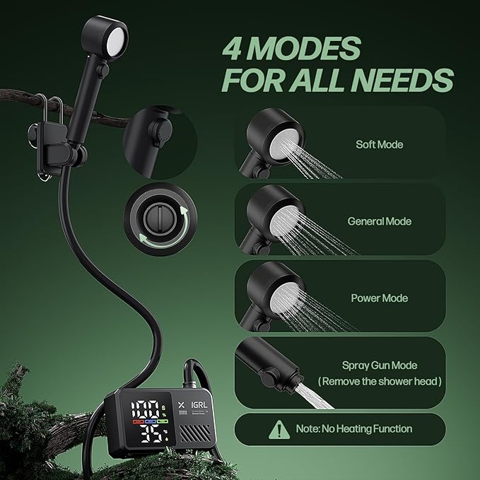 IGRL Portable Shower for Camping, Powerful 10L/Min Water Flow, Rechargeable Shower Pump with Bath Sponge, 4 Spray Modes, IPX8 Waterproof, 7800mAh Battery, Ideal for Hiking, Travel, Pet, Car Wash
