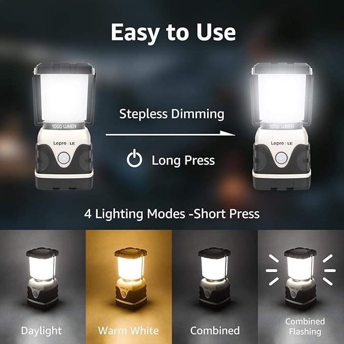 Lepro 1000LM Battery Powered LED Camping Lantern, White Tent Light with 4 Light Modes, Camping Essentials, Waterproof Lantern Flashlight for Camping, Emergency Light, Power Outage, Not Rechargeable