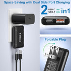 Flat USB C Wall Charger, Costyle 2 Pack 50W Slim USB A and USB C Power Adapter Plug PD+QC 3.0 Fast Charging Block with Foldable Outlet Plug for Galaxy A16 A14 A03S A05,iPhone 16 15(Black)