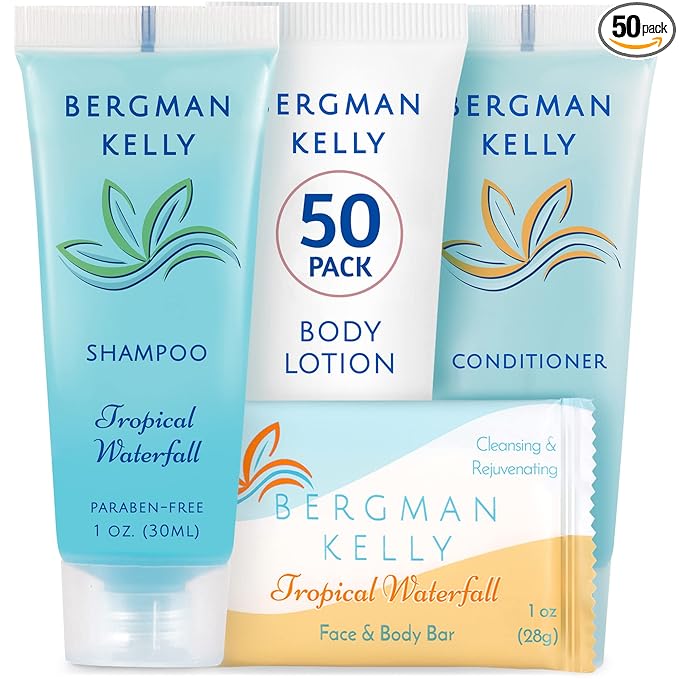 BERGMAN KELLY Hotel Toiletries Bundle (Tropical Waterfall, 1 oz each, 200 Pieces) 4-Piece Set: 50 Rectangular Bar Soap, 50 Shampoo, 50 Conditioner & 50 Body Lotion - Bulk Mini Guest Amenities