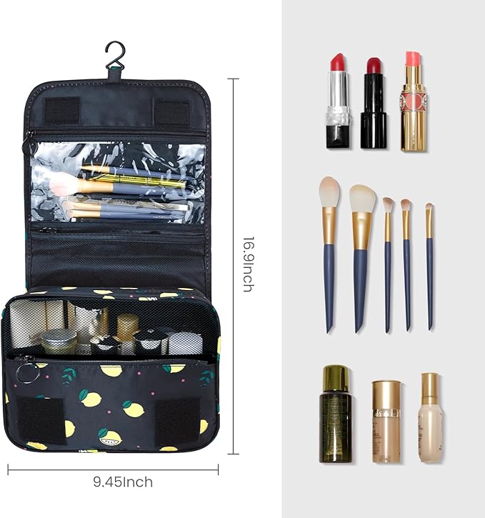 Lcsmaokin Large Capacity Toiletry Bag Travel Bag with Hanging Hook for Men and Women Waterproof Travel Cosmetic Bag Bathroom Storage Bag for Brushes Set,Full-Sized Shampoo,Accessories -Yellow Lemon