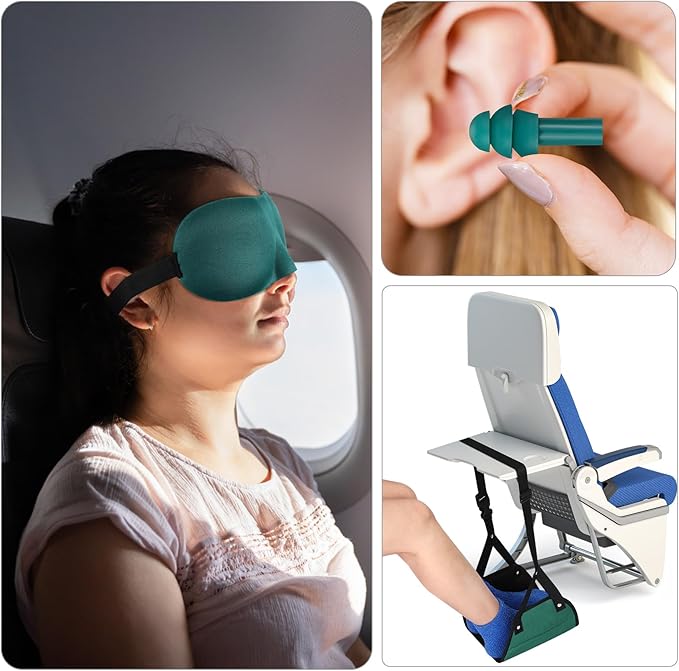 Yerliker Airplane Foot Hammock(Memory Foam) with Earplugs and Eye Mask Travel Necessities Adjustable Airplane Desk Foot Rest for Long Trip Pain and Swelling Relief(Green)