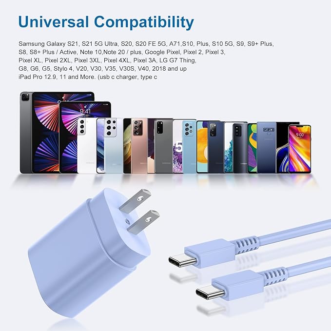 Cndons 2 Pack 25W PD USB C Wall Charger Super Fast Charging Block & 10ft Android Phone Charger Cable for Samsung Galaxy S23 S22 S21 S20 Plus Ultra, Note 20 10 9 8/ S10 9 8/ Pixel 6 5 4 Pro XL