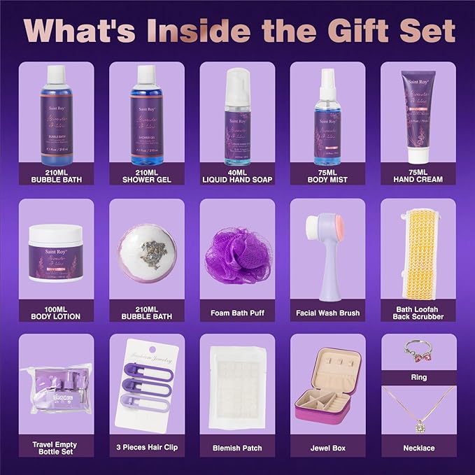Mothers Day Gifts for Women, 25Pcs Lavender Bath and Body Gift Basket, Facial Skin Care Set, Spa Kit, Self-Care Set, Home Spa Basket set, Necklace, Birthday, Christmas, Mother Day, Anniversary