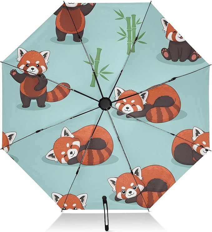 Cute Red Panda Pattern Folding Umbrella Compact Travel Automatic Open Close Sun UV Protection Reverse Inverted Umbrella for Rain Women Men Outsid