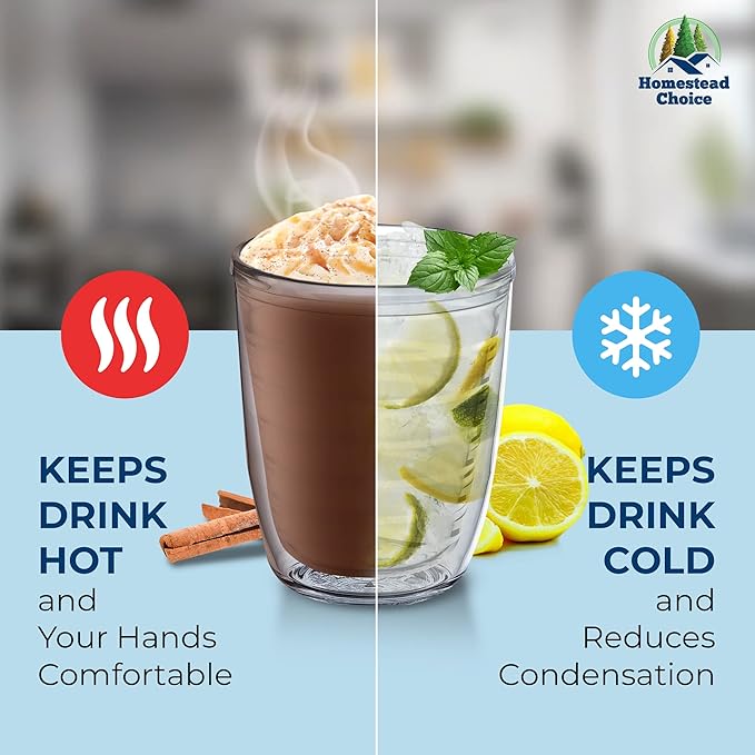 12oz Insulated Tumblers Plastic - Great for Iced Coffee & Hot Drinks, 4 pack Clear Double Wall Insulated Drinking Glasses Cups, BPA-Free, Reusable Cups, Camping, Travel, Kitchen, Party