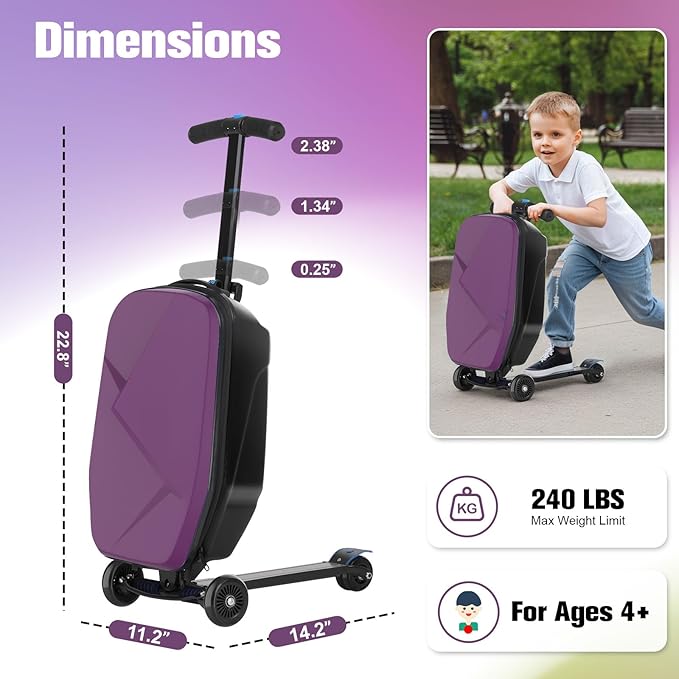smilesun Scooter Luggage For Kids & Adults， Hardside Ride On Suitcase For Kids Ages 4-15 Multifunctional Lightweight Foldable Carry On Luggage With Wheels Ride On For Children Teenagers（Purple）
