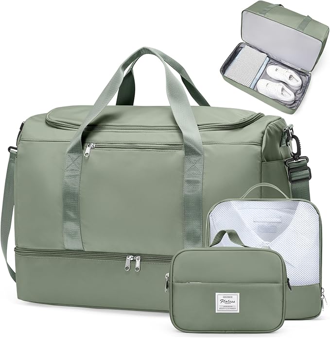 Large Travel Duffle Bag,Carry on Overnight Weekend Bag with Shoes Compartment,Weekender Bags for Women for Travel Business Trips Sport Hospital,3 Pcs Set,Olive Green