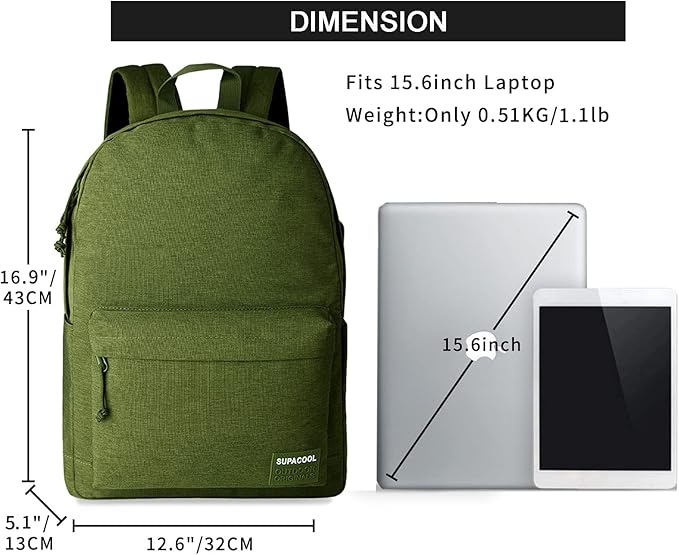 SUPACOOL Casual Laptop Backpack for Men and Women, Backpack for College, USB Charging Port, Lightweight Pack Back(Olive)