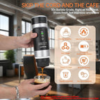 Portable Electric Espresso Machine with Removeable Battery, Mini Travel Coffee Maker, 3-in-1 Car Coffee Maker Self-Heating with USB-C for RV Hiking Office Camping (Ground Coffee & Capsule Compatible)