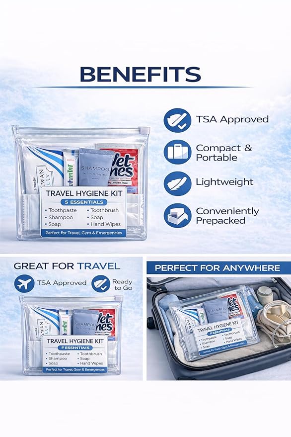 Travel Hygiene Kit (5 Essentials) – TSA Approved Toiletry Set with Toothbrush, Toothpaste, Shampoo, Soap & Hand Wipes – Portable Travel Kit for Gym, Airplane & Emergency Use