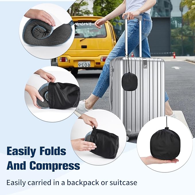Cirorld Neck Pillow for Traveling, Travel Pillows for Airplanes,100% Pure Memory Foam Travel Neck Pillow, Adjustable Flight Pillow, Portable Plane Accessories with Eye Mask, Earplugs, Carry Bag