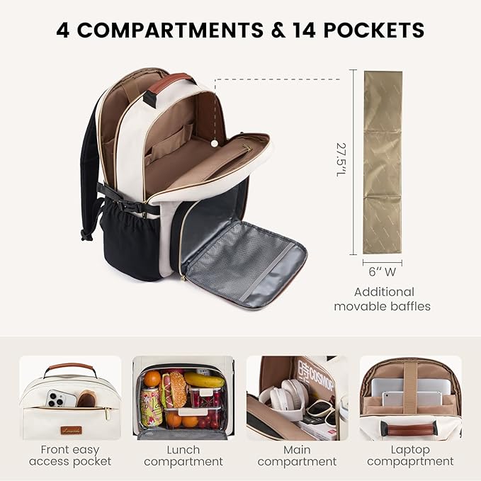LOVEVOOK Lunch Backpack with Lunch Compartment,17 Inch Laptop Work Travel Insulated Cooler Backpack,Waterproof College Teacher Lunch Bag Box with Tumbler Holder,Gifts for Men Women,Beige-Black-Brown