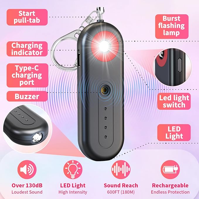 Rechargeable Personal Safety Alarm for Women - 130dB Self Defense Keychain Siren Whistle with SOS Strobe Light, Low Battery Notice - Emergency Security Safe Protection Devices, College Essentials