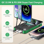 Solar Charger Power Bank 49800mAh Portable Solar Panels 22.5W Wireless Fast Charging with 6 Outputs for Cell Phones, Built in 4 Cables,USB C Waterproof Battery Pack for Camping,LED Flashlight