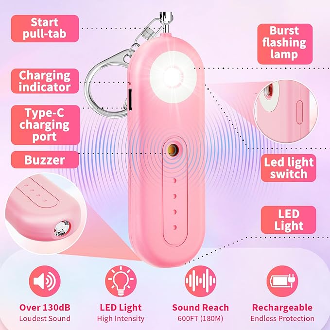 Rechargeable Personal Safety Alarm for Women - 130dB Self Defense Keychain Siren Whistle with SOS Strobe Light, Low Battery Notice - Emergency Security Safe Protection Devices, College Essentials