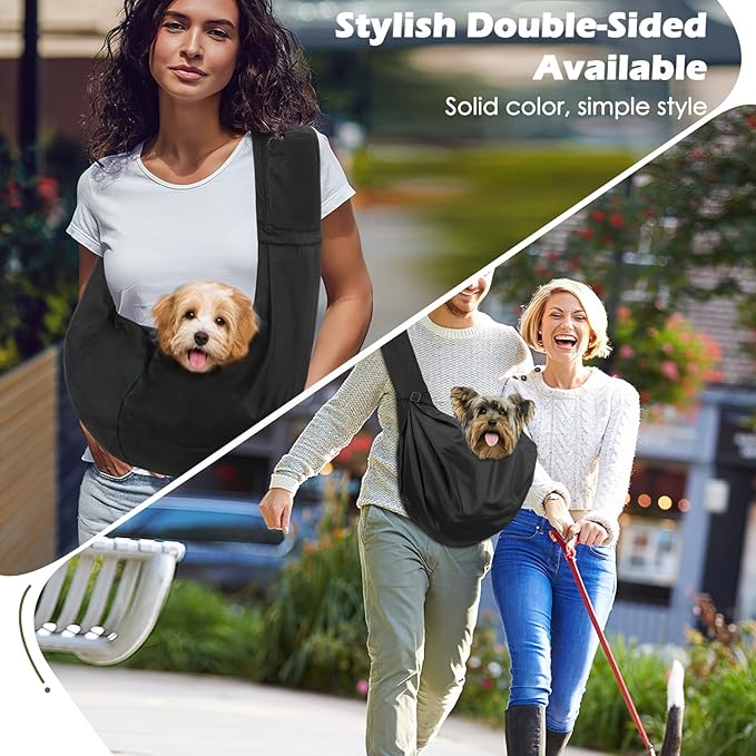 Pawaboo Small Dog Sling Carrier, Reversible Hands Free Dog Sling Carriers for Small Dogs and Cats, Puppy Slings Carrier with Safety Harness, Puppy Essentials, Black