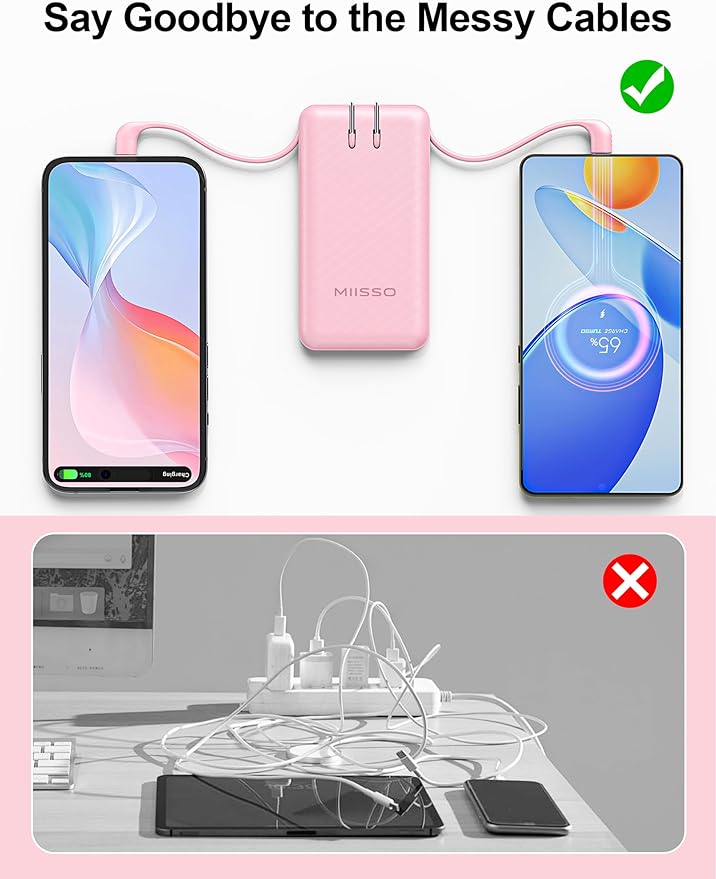 miisso Ultra Slim 10000mAh Power Bank Built-in Cables and Foldable AC Wall Plug, Pocket Size USB C Portable Charger, External Battery Pack Compatible with iPhone Samsung, Pink