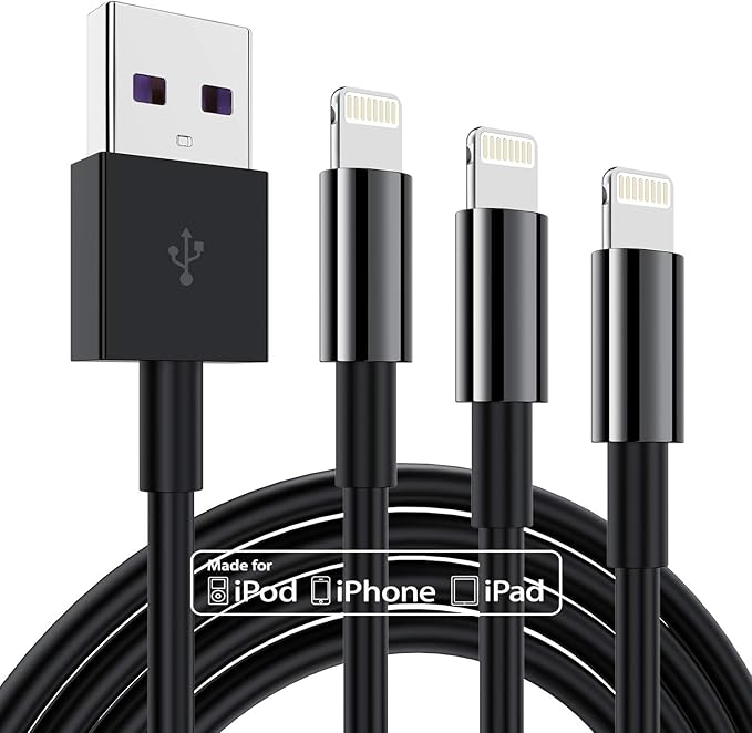 3 Pack Apple MFi Certified iPhone Charger Cable 6ft, Apple Lightning to USB Cable Cord 6 Foot, 2.4A Fast Charging Apple Phone Long Chargers for iPhone 11/11Pro/11Max/ X/XS/XR/XS Max/8/7/6 Black