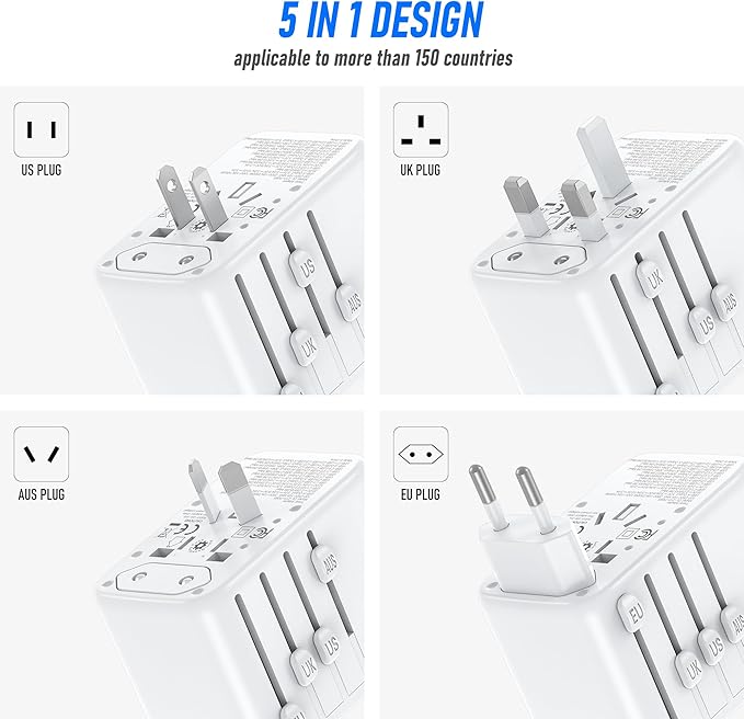 VYLEE Travel Plug Adapter, 65W Fast GaN Travel Charger, International Plug Adapter with 3 USB-C PD and 1 USB-A QC with US/EU/UK/AU Convenient for iPhone,Samsung,Laptops