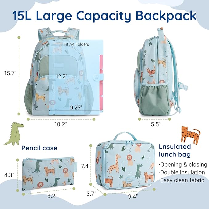 mommore Kids Backpack for Boys Girls 4-8 Kindergarten Elementary School Backpack with Lunch Box - 15” H Fit Folder