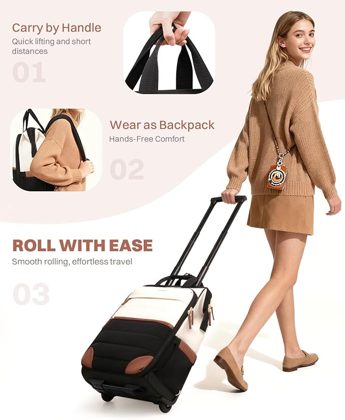 Rolling Puffer Backpack for Women, Travel Backpack with Wheels, 16 Inch Wheeled Laptop Backpck, Dual-Opening Design Overnight College Underseat Carry on Luggage, Roller Business Work Bag, Beige Brown