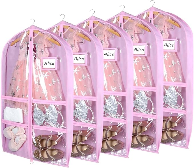 Syeeiex 3" Gusseted Clear Dance Costume Garment Bag(5 Pack), 40'' Dance Garment Bags for Dancers with 4 Zipper Pockets & Can Hold 1-3 Dance Costumes - Suitable for Dance Competitions, Ballet(Pink)