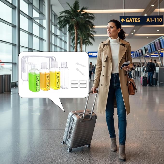 Travel Bottles for Toiletries 8 Pack 3.4oz TSA Approved Travel Size Containers Leak Proof Plastic 0.35oz Small Cream Jars Refillable Squeeze Bottles for Shampoo Conditioner Lotion(Clear)
