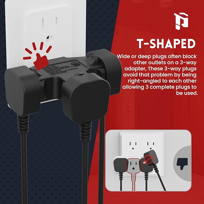 PLUGTUL 3 Way Plug Adapter, 3 Plug Wall Adapter, 3 Prong, Grounded, 15A, 1875W, Multiple Plug Expander for Home, Outdoor, ETL Listed, Black, 3PACK