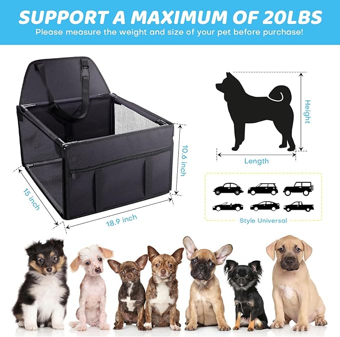 GENORTH Dog Car Seats for Small and Medium Dogs,Portable Puppy/Pet Car Booster Seat with Clip-On Leash and Mesh Window for Pet Up to 20 lbs