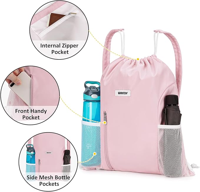 WANDF Drawstring Backpack with Shoulder Pad Sports Gym Backpack with Mesh Pocket String Bag for Women Men(Pink)