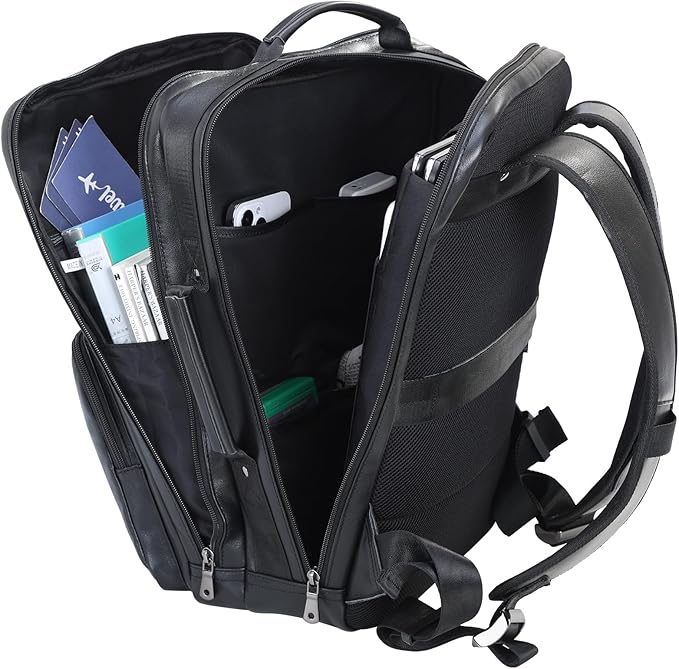 TIDING 17.3" Leather Laptop Backpack for Men Multi Pockets Casual Daypack Business Travel Rucksack, Black