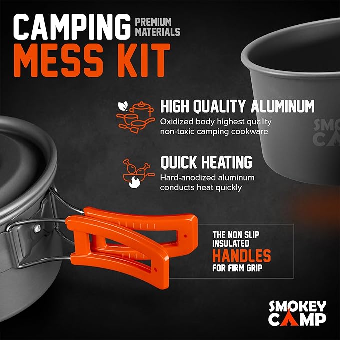 Smokey Camp Camping Cookware Mess Kit Set with Stove - Backpacking Camping Pots and Pans Set, All in One Non-Stick Camping Cooking Set, Portable Stove, Hiking, Picnic, Outdoor & Camping Cookware Set