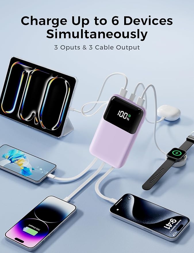 Power Bank, 15000mAh Portable Charger with Built in Cable, 22.5W Fast Charging, 6 Outputs, Slim Travel Essential Battery Pack with LED Display, Compatible with iPhone 17/16/15/14/13, iPad Purple