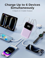 Power Bank, 15000mAh Portable Charger with Built in Cable, 22.5W Fast Charging, 6 Outputs, Slim Travel Essential Battery Pack with LED Display, Compatible with iPhone 17/16/15/14/13, iPad Purple