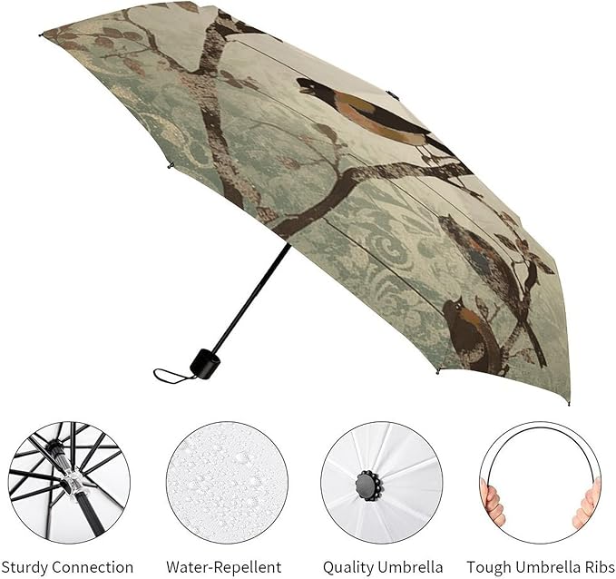 Strongest Windproof Travel Umbrella Birds on Branches Printed Automatic Folding Rain Umbrella, Durable Premium Grip, Fits Car & Backpack