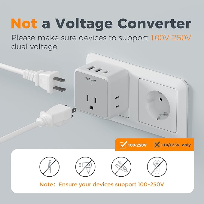 TESSAN European UK Travel Plug Adapter Kit, Universal Detachable Travel Adapter with 3 USB (1 PD 20W) and 3 AC Outlets, Type C G E F Europe Ireland Power Adaptor, US to EU Italy France Greece Spain