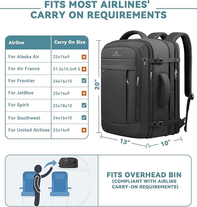 AREYTECO Travel Backpack, 50L Expandable Extra Large Laptop Backpack, Carry On Backpack Water Resistant Business Suitcase Daypack Bag Fits 17 Inch Laptops, Travel Gifts for Men Women, Black