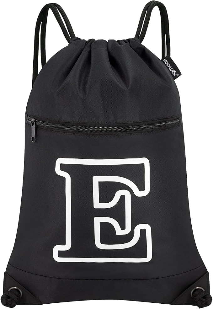 HOLYLUCK Drawstring Bags Initial Backpack Sackpack Cinch Bags for Sports, Gym, Travel, Beach (Black-E)
