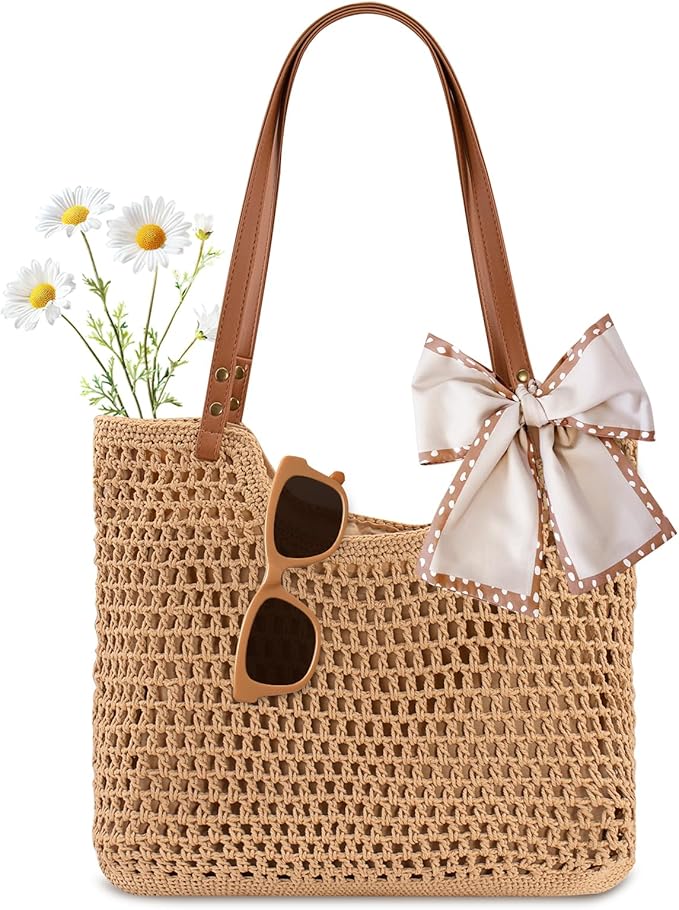 Peicees Crochet Beach Bag Purse, Boho Woven Tote with Leak-Proof Lining For Summer Vacation Travel Casual Shoulder Bag Soft