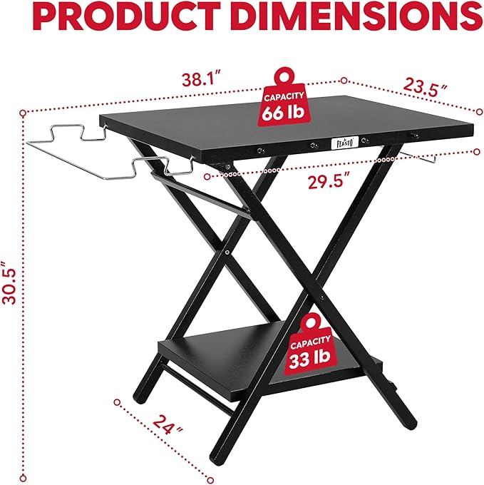 Feasto Folding Grill Table, Pizza Oven Table & Portable Table with Bottom Shelf, Tool Hooks, Trash Bag Holder & Paper Towel Rack, Grill Stand for Pizza Oven & Tabletop Griddle (Black)