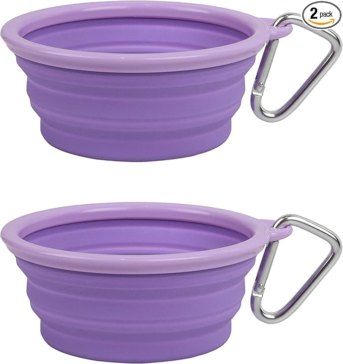 Collapsible Silicone Water Travel Bowl with Clip for Dog and Cat, Portable and Durable Pop-up Feeder for Convenient On-The-go Feeding – Size: Small (1.5 Cups) Purple – 2 Pack