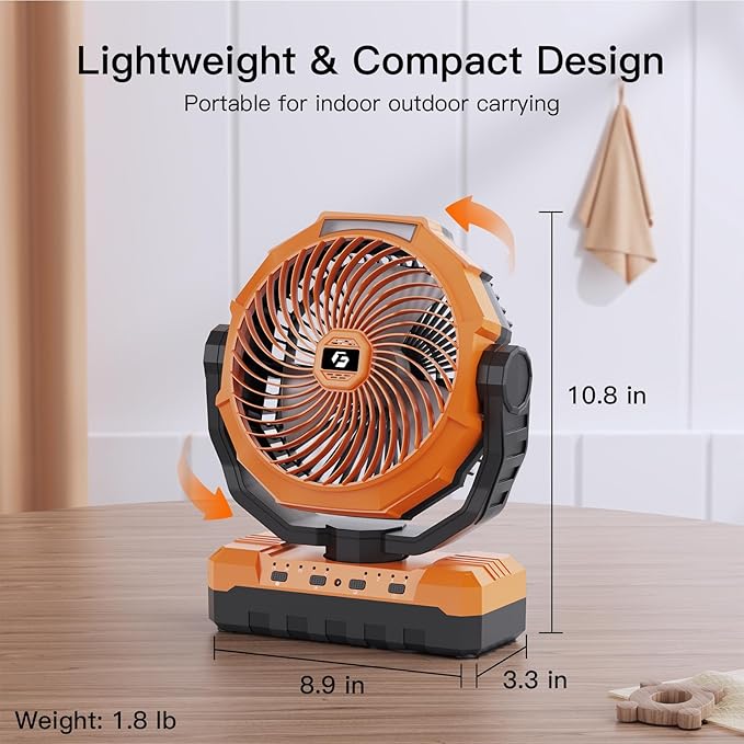 FRIZCOL 3-in-1 Camping Fan - Portable Fans Rechargeable - 24000mAh Battery Powered Fan with Light & Remote for Indoor, Outdoor, Tent, Travel, Fishing, Jobsite, Gifts for Men Dad Him - Orange
