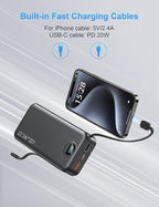 Ffnpua Portable Charger with Wall Plug, 20000mAh USB C Fast Charging Power Bank, External Battery Pack with Built in Cables, Digital Display, 5 Output 2 Input for iPhone Android Cell Phone Tablet