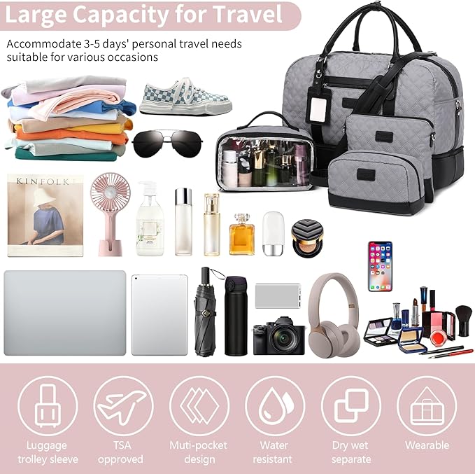 Wogarl 4PCS Weekender Bags for Women Large Overnight Weekend Travel Duffel Carry on Shoulder with Shoe Compartment Canvas Toiletry Bag for Travel Business Gym
