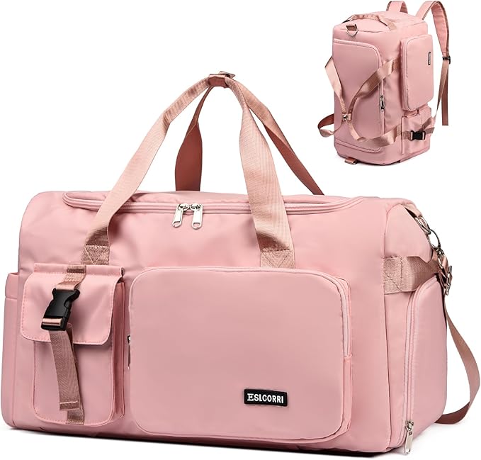 Eslcorri Gym Duffle Bag for Women Men, Sports Backpack with Wet & Shoe Compartment, Fitness Overnight Weekender Bag for Yoga, Swim, Travel (Style B, Pink)