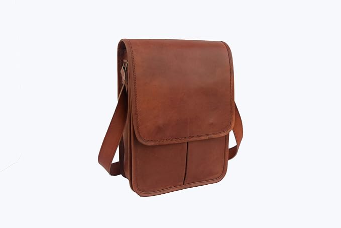 Genuine Vintage Leather Crossbody Messenger Bag, Slim Vertical Messenger Bag Fits 13 Inch Laptop, Unisex Shoulder Bag with Adjustable Straps and Brass Accessories, Brown