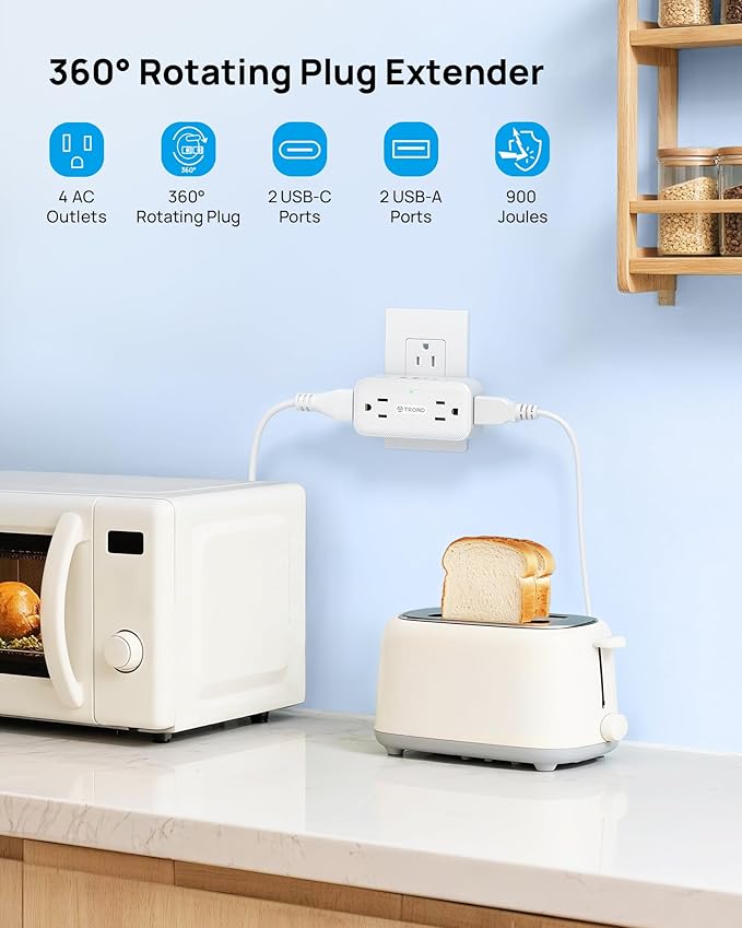 TROND Outlet Extender with 360 Rotating Plug, Plug Adapter with 4 Electrical Sockets and 4 USB Ports, 900 Joules Surge Protection, 3 Way Outlet Splitter for Home Office Travel, White