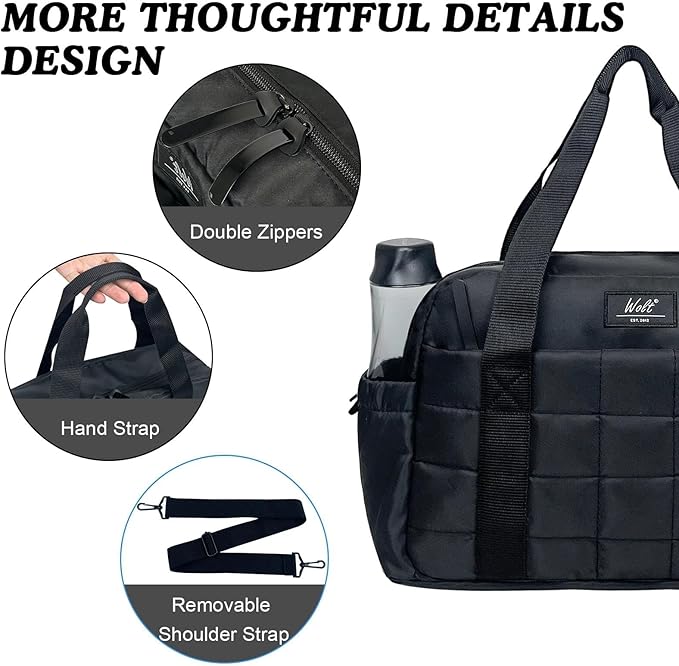 WOLT Small Gym Bag for Women, 14 inch Lightweight Gym Duffle Bag with Wet Compartment Quilted Tote for Sports Workout, Black