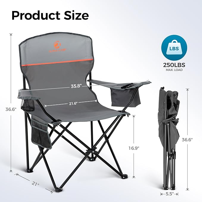 ALPHA CAMP Camping Chairs 250LBS Capacity, Heavy Duty Folding Chair with 4-Can Cooler Bag, Portable Outdoor Chair with Cup Holder for Adults, Collapsible for Tailgating, Beach, Fishing,Black,2PC
